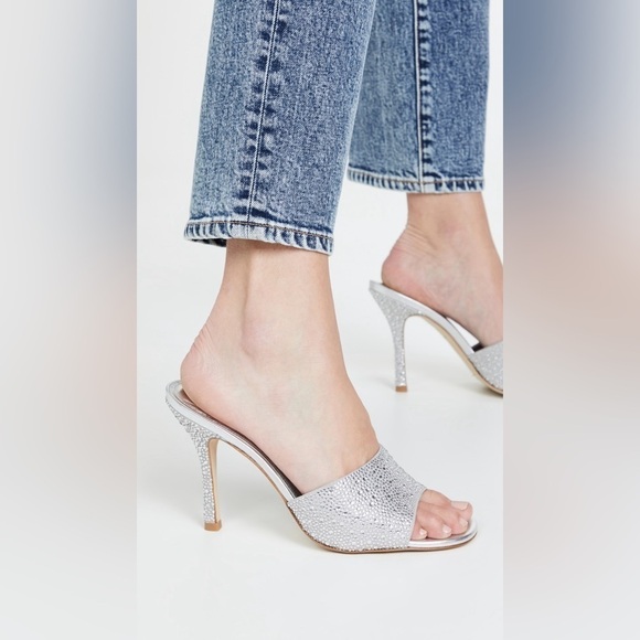 Larroude Colette Crystal & Suede Mule Heels w. Rhinestones in Silver Gray 9 - Picture 13 of 14